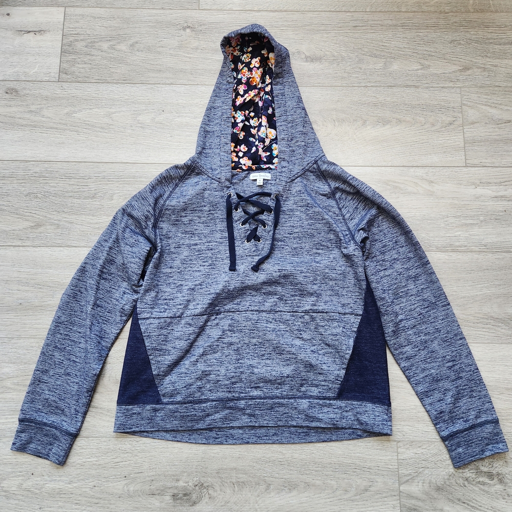 Vera Bradley Blue Hoodie Floral Hood Lace Up Pullover Sweatshirt Womens Medium